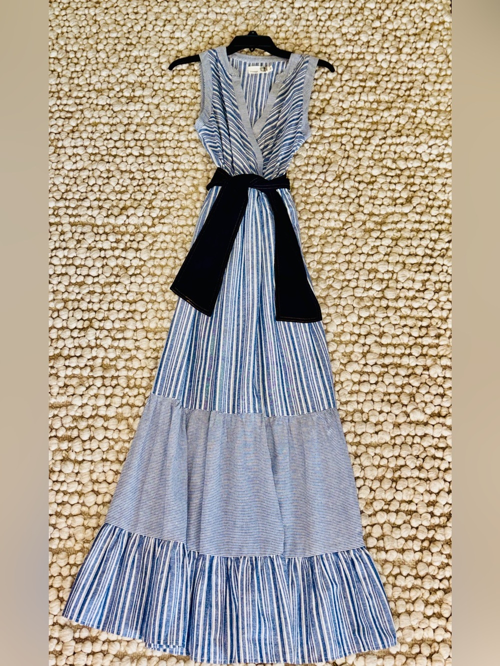 Striped Maxi Dress Sleeveless V-Neck Tiered Boho Belted